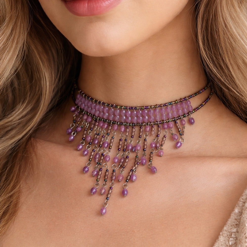 Purple Beaded Waterfall Choker Necklace